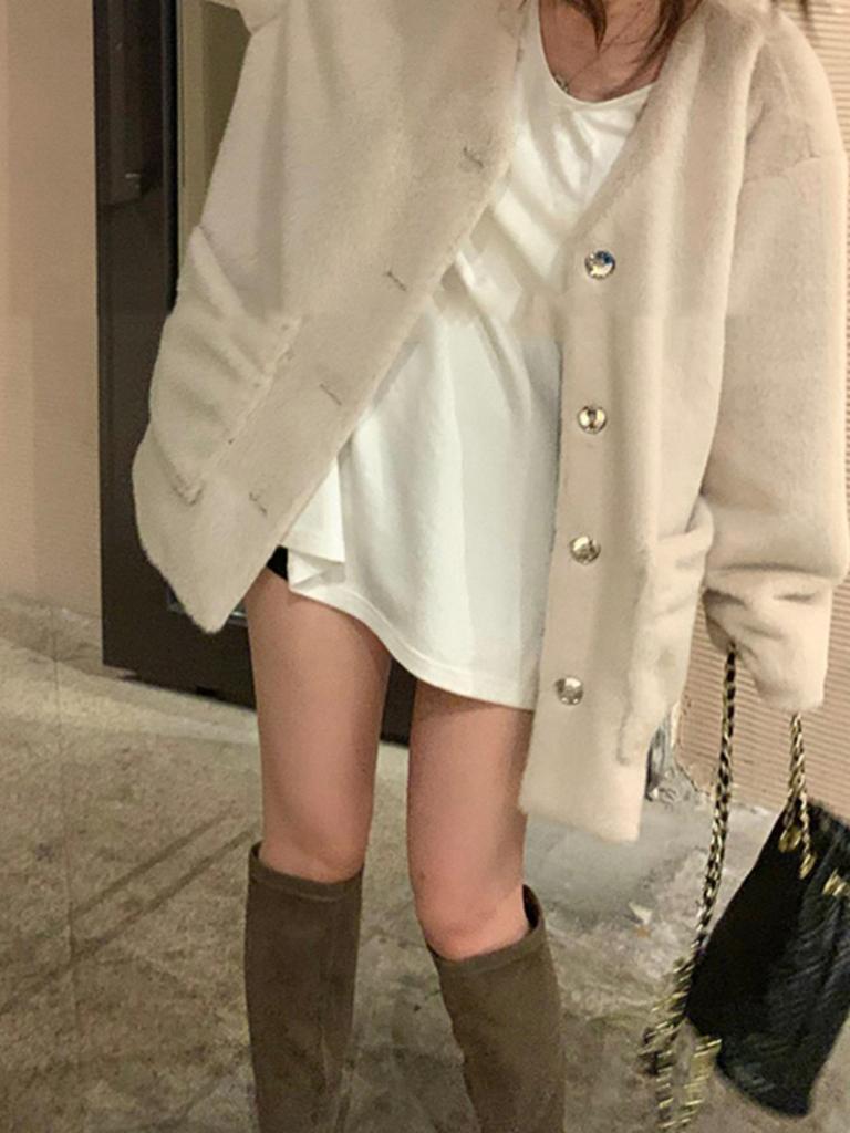 Women's White V-Neck Long Sleeve Loose Fit Mid-Length Shirt - Autumn Winter Layering Top