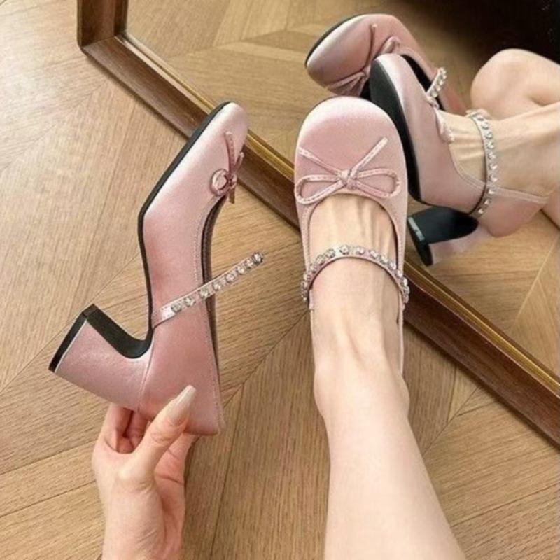 New Round Bow Rhinestone Strap High-heeled Mary Jane Shoes Women's Shallow Mouth Fairy Wind Non-slip Single Shoes