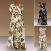 Women Round Neck Half Sleeve Flower Print Robes Style  Kaftan Loose Long Dress