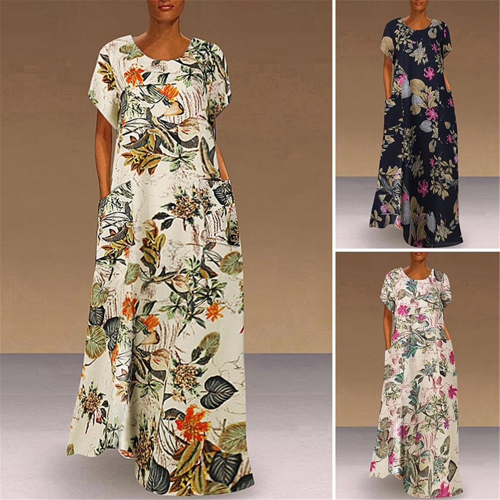 Women Round Neck Half Sleeve Flower Print Robes Style  Kaftan Loose Long Dress
