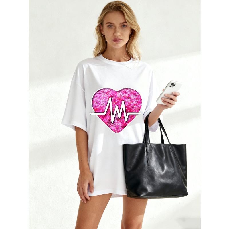 Black Oversized T Shirt With Pink Glitter Heart And Pulse Line Print For Casual Wear