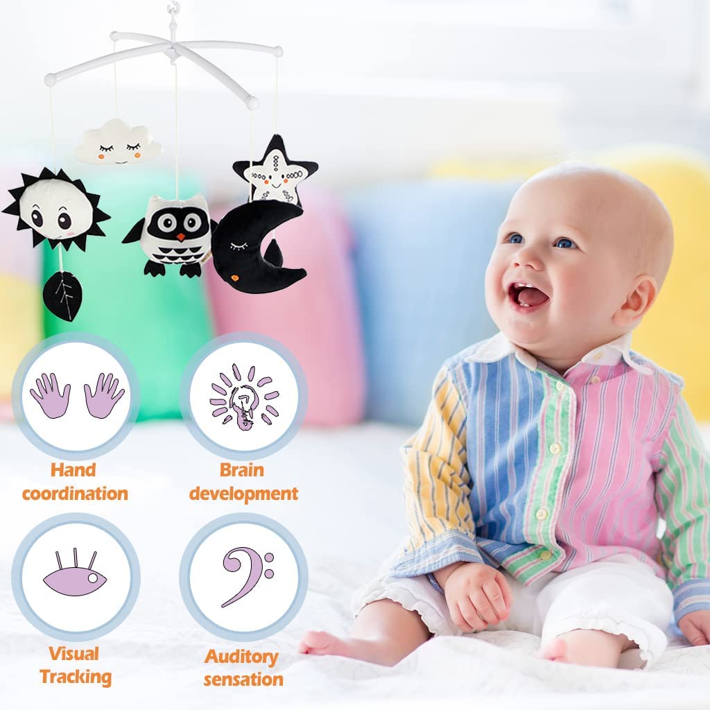 Baby Crib Mobile for Crib with Hanging Rotating Toys, Nursery Mobile with Music Box, Black and White Mobile for Baby Newborns 0-24 Months