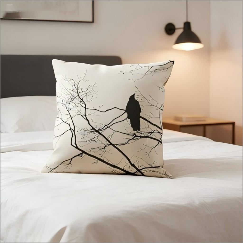 Funda de Almohada Minimalista de Cuervo Estampado de Silueta de Árbol Negro Funda de Cojín Decoración del Hogar Japandi Wabi Sabi Regalo