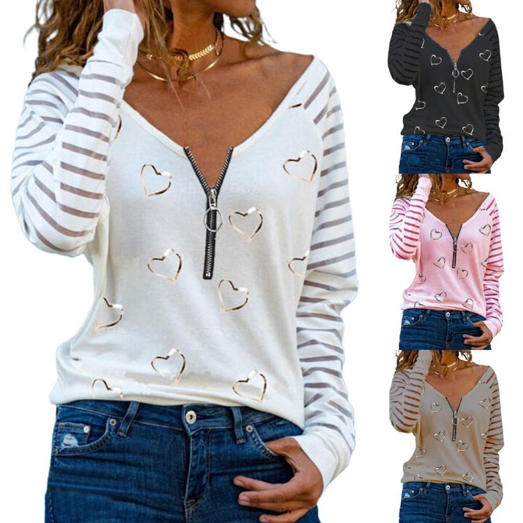 

Женская футболка с v-образным вырезом и длинным рукавом в полоску сердца, женская повседневная свободная блузка на молнии, топы, футболка