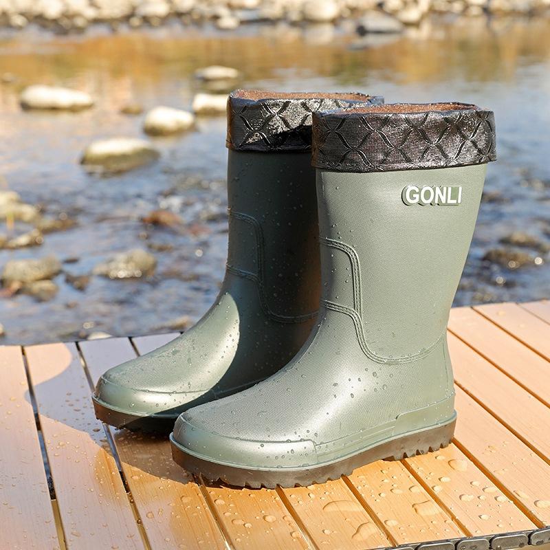 Medium Tube Rain Shoes Men's High Tube Thick-soled Non-slip Waterproof Shoes Men's Fashion Rain Boots Fishing Water Boots Thermal Rubber Shoes Fashion