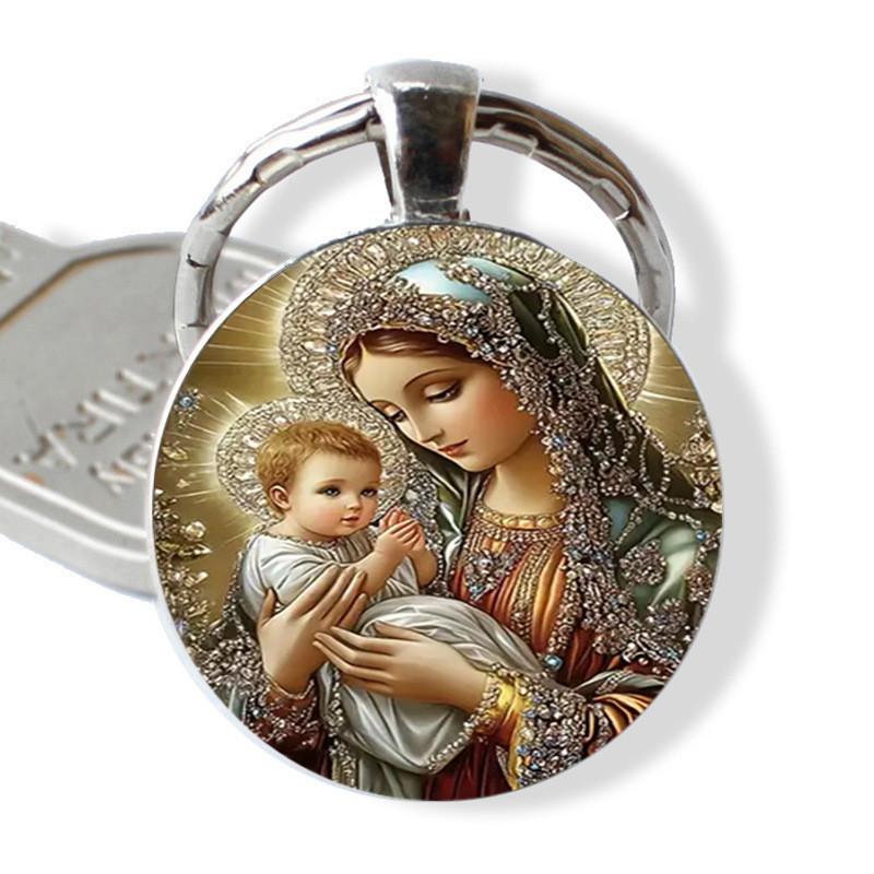 Virgin Blessed Mary Artistic Round Keyring Keychain For Faith Gifts Inspiration