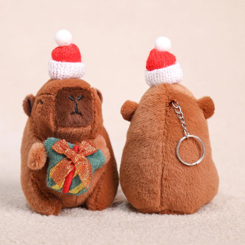 Lovely Christmas Capybara Pendant Plush Keychain Cute Soft Stuffed Doll Toy Backpack Hanging Decoration New Year Gift