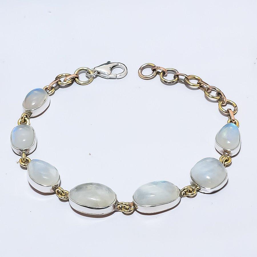 Natural Rainbow Moonstone 925 Sterling Silver Jewelry TwoTone Bracelet 7-8" h8m39