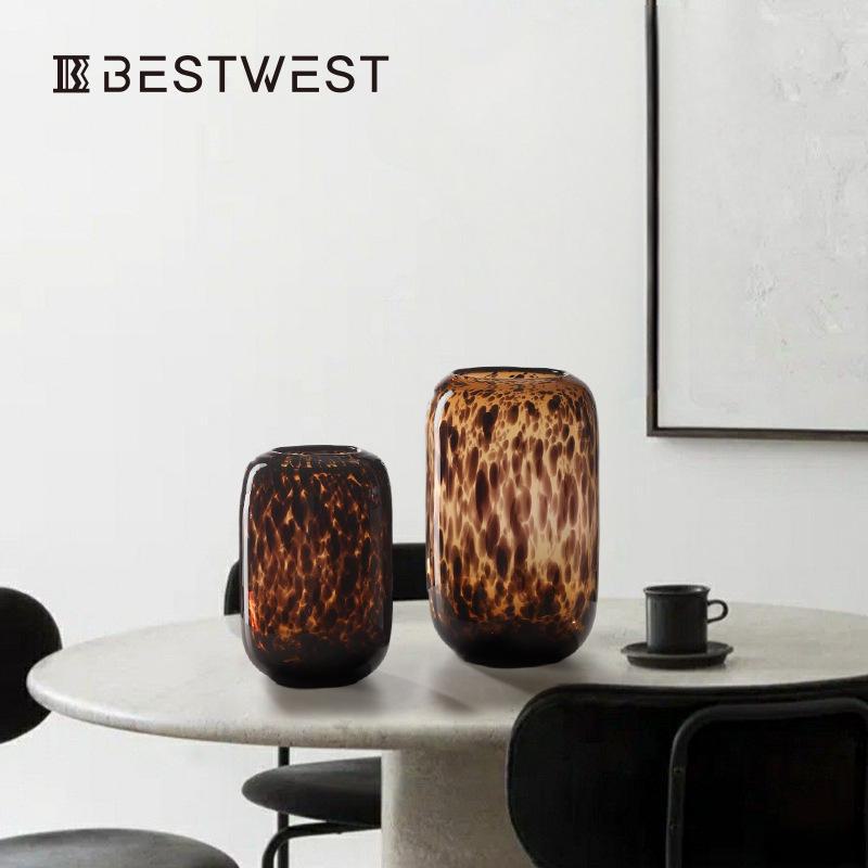 Amber Leopard Print Glass Vase - Designer Home Decor for Hydroponic Plants