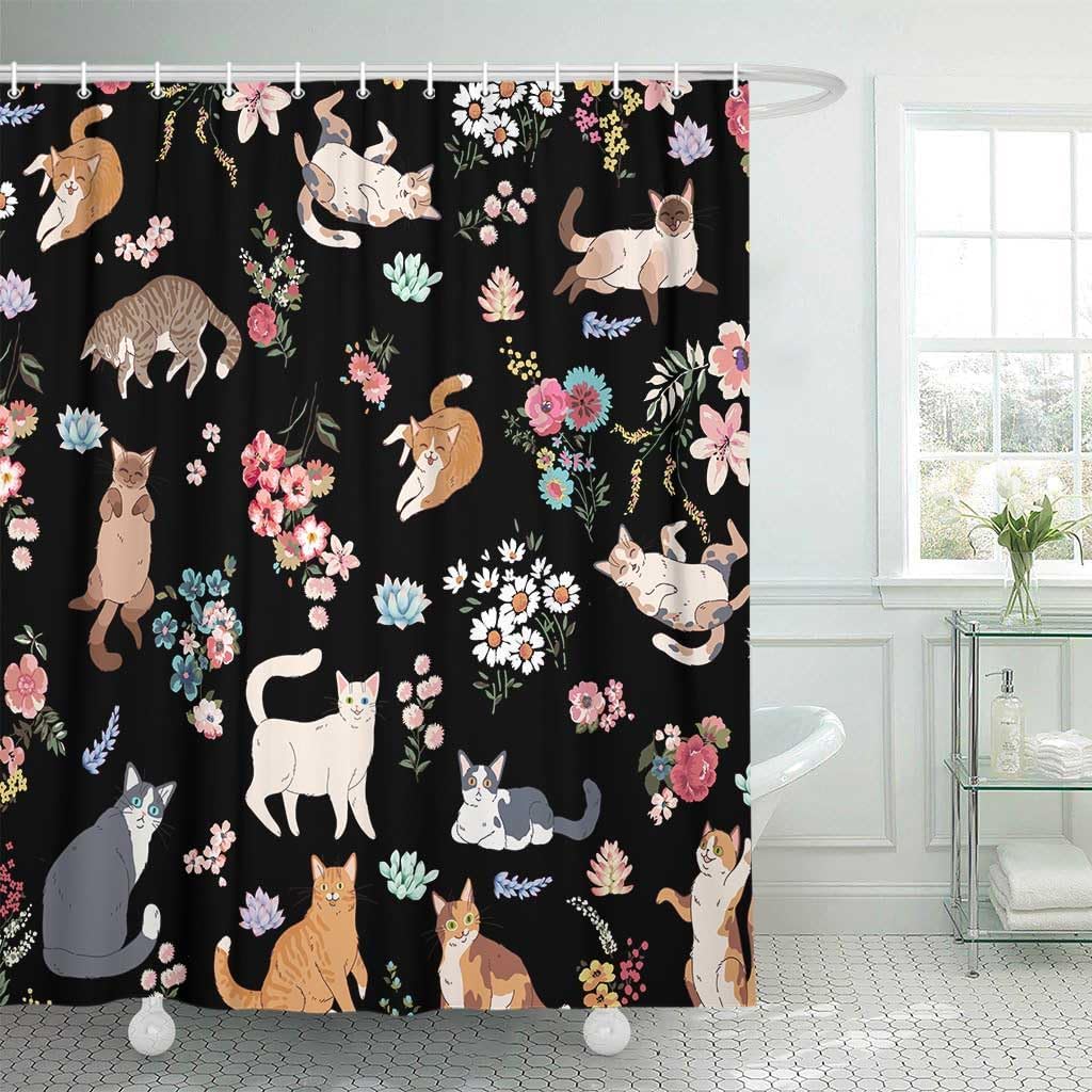 Funny Cat Shower Curtain, Black Cute Cat Flower Plant Bathroom Decor Shower Curtain, Colorful Cute Kitty Floral Animals Kids