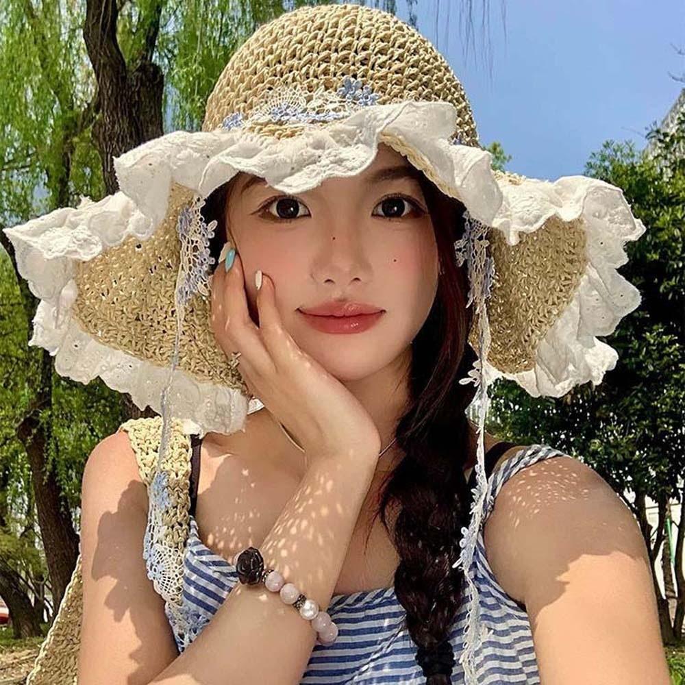 Breathable Vacation Beach Cap with Garland Woven Sun Cap Elegant Big Brimmed Straw Hat Women