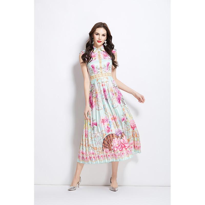 Summer Women Vintage Print Designer Runway Dress Sleeveless Turn-down Collar Shirt Long Maxi Holiday Party Pleated Dresses