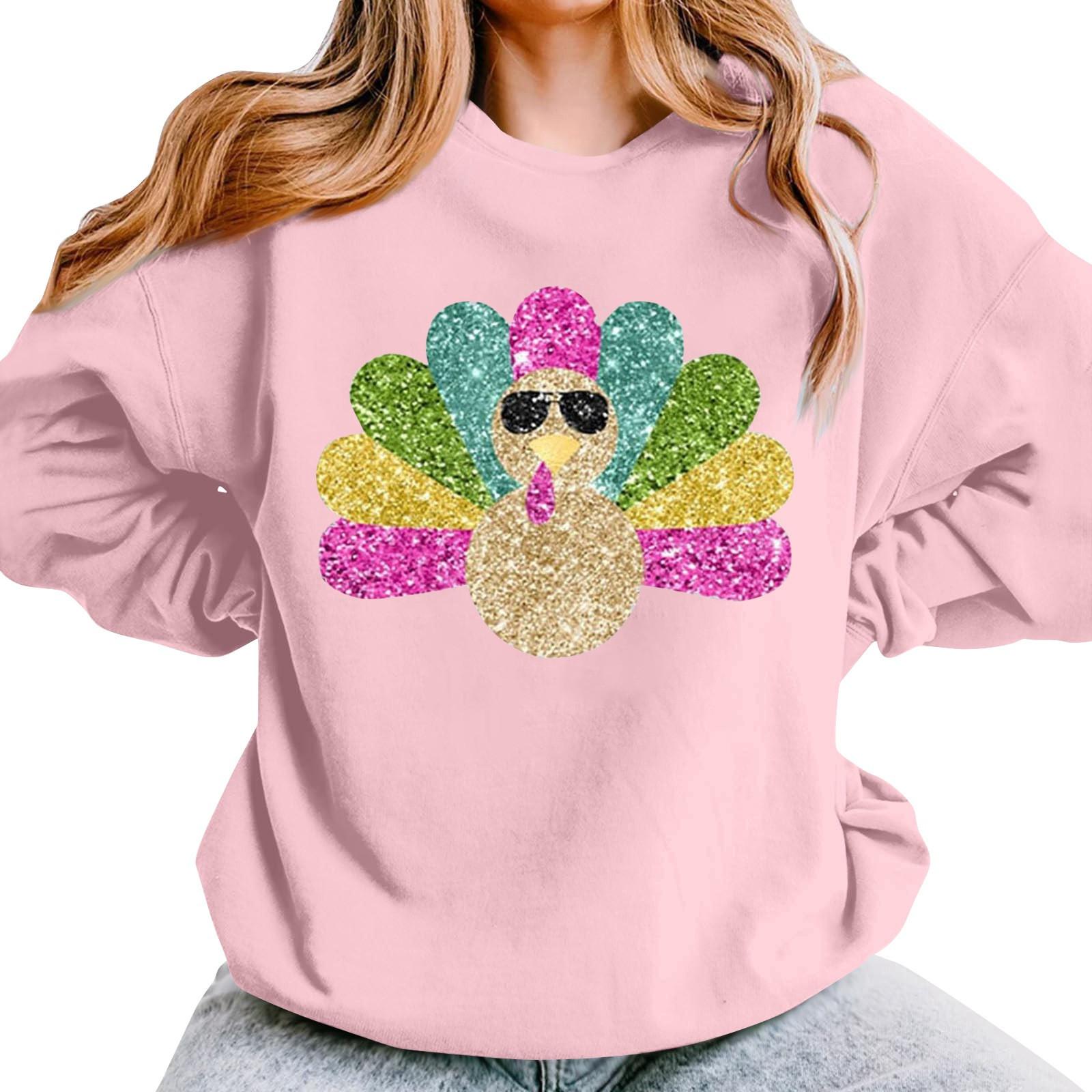 

Женская повседневная мода День благодарения с принтом длинный рукав O-образный вырез пуловер толстовки L розовый