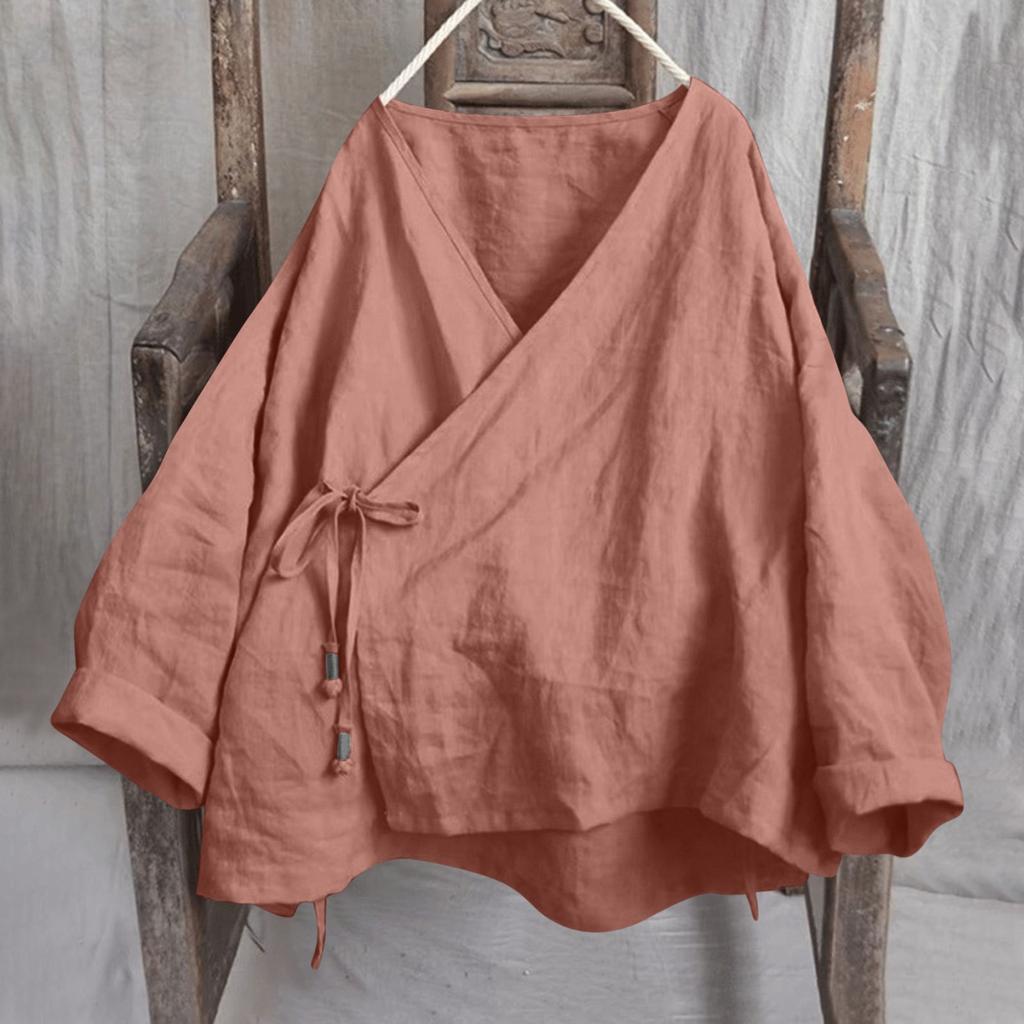 Womens Fashionable Solid Color V-neck Long Sleeved Lace Cotton And Linen Loose Shirt Top