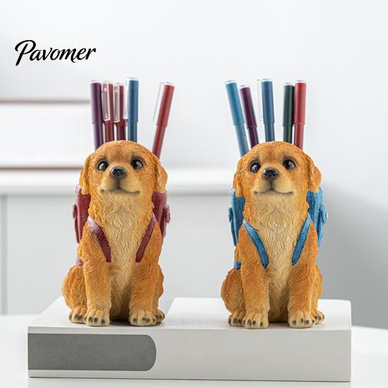 Hand Painted Dog Stationery Holder Golden Puppy Backpack Pen Holder, Cute Animal Storage Ornament, Resin Desktop Organizer, for Office And Study Craft
