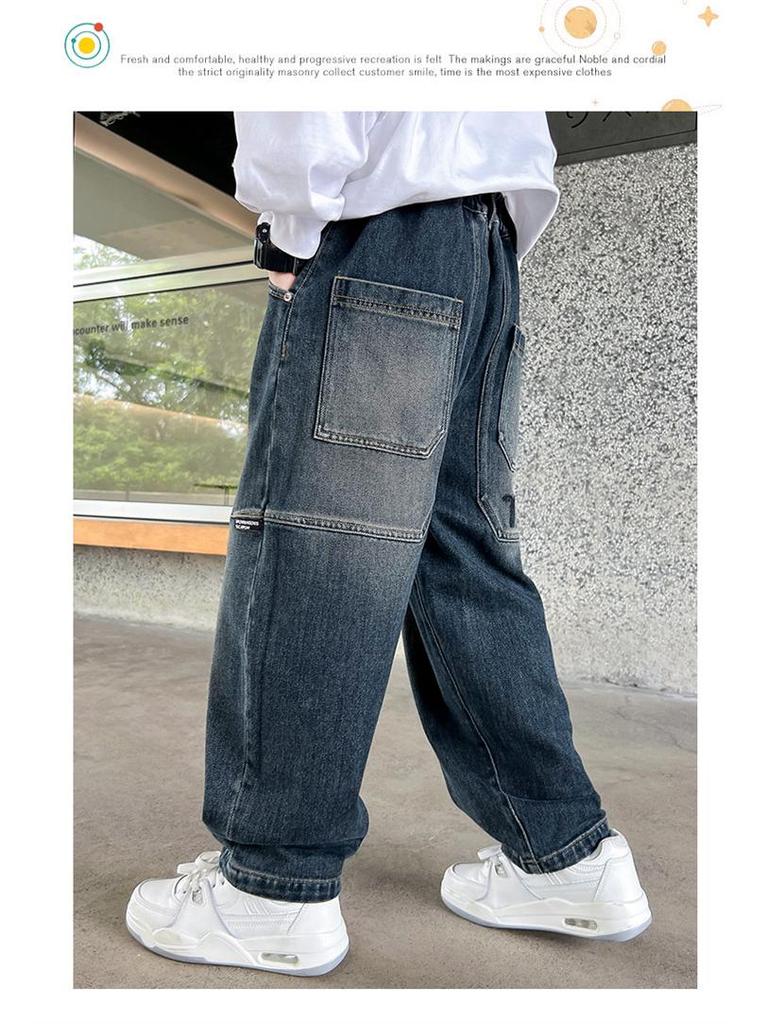 Boys' Fleece-Lined Casual Jeans - Autumn/Winter 2025 Trendy Style for Middle and Big Kids