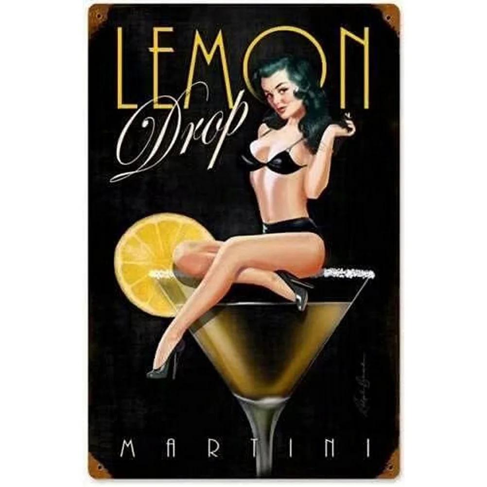 Vintage Pinup Weinmädchen Metallblechschilder Cocktail Martini Fireball Bier Wanddeko für Hausbars Garage Café Clubs Man Cave Pubs