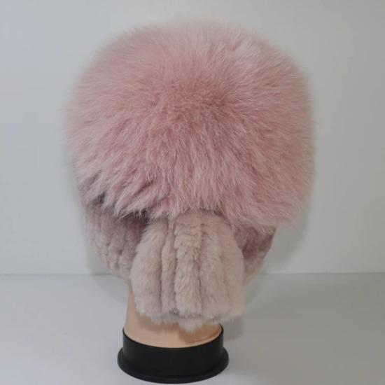Winter Knitted Real Fox Fur Hat With Tail Women Warm Soft Real Rex Rabbit Fur Hats Natural Luxury Quality Genuine Fur Caps