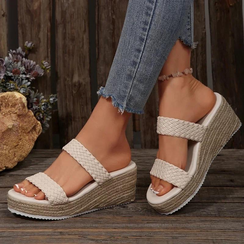 Fashion Women Shoes Plus Size 35-43 Woven Band Wedges Sandals Women Summer Platform High Heels Slippers Woman Weave Thick Sole Sandles