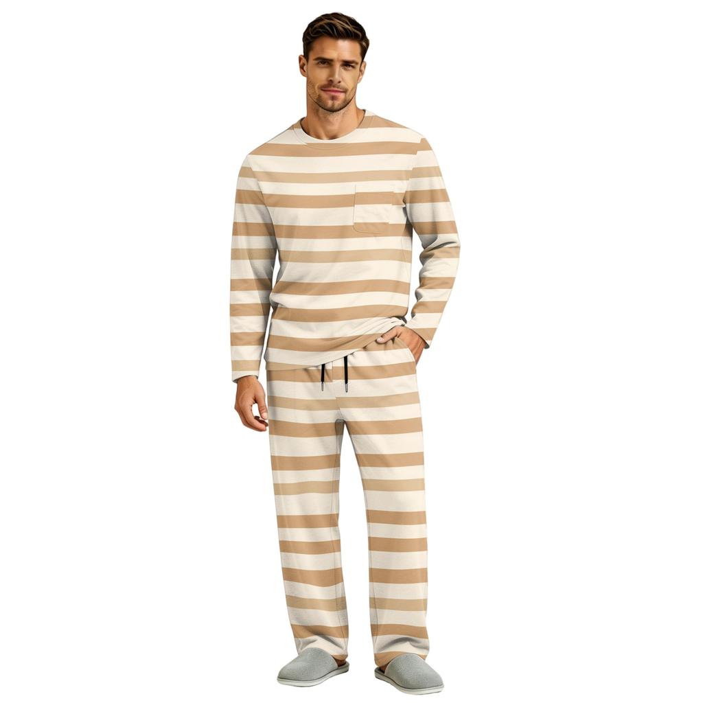 Men's Long Sleeve Pajama Set with Button Crotch and Elastic Drawstring Waist Pants for Home Loungewear