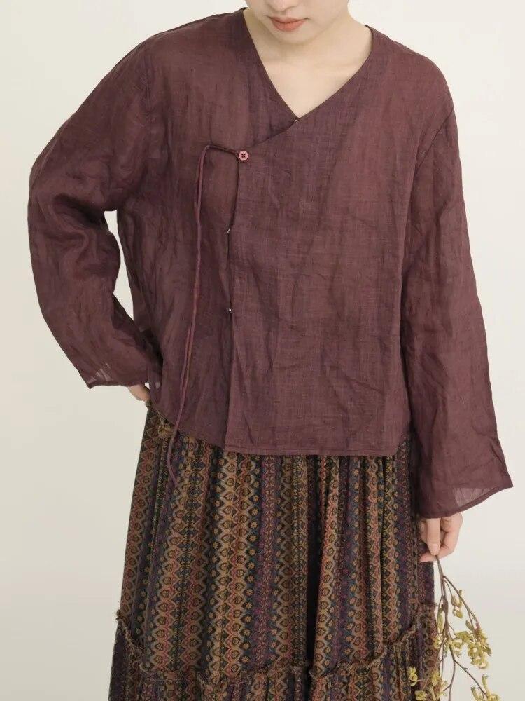Johnature Camicie vintage da donna in ramia con scollo a V, maniche lunghe, bottoni, camicette autunnali, camicie a tinta unita autunnali