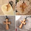 Hand-carved Tapered Wood Cross-shape Necklace Long Leather Rope Adjustable Olive Wood Pendant for Boys Girls Men Women