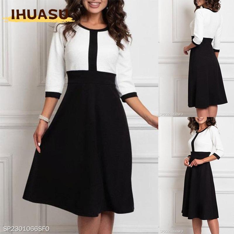IHUASU Fashion Summer Spring 1/2 Sleeves O-Neck Casual Dresses