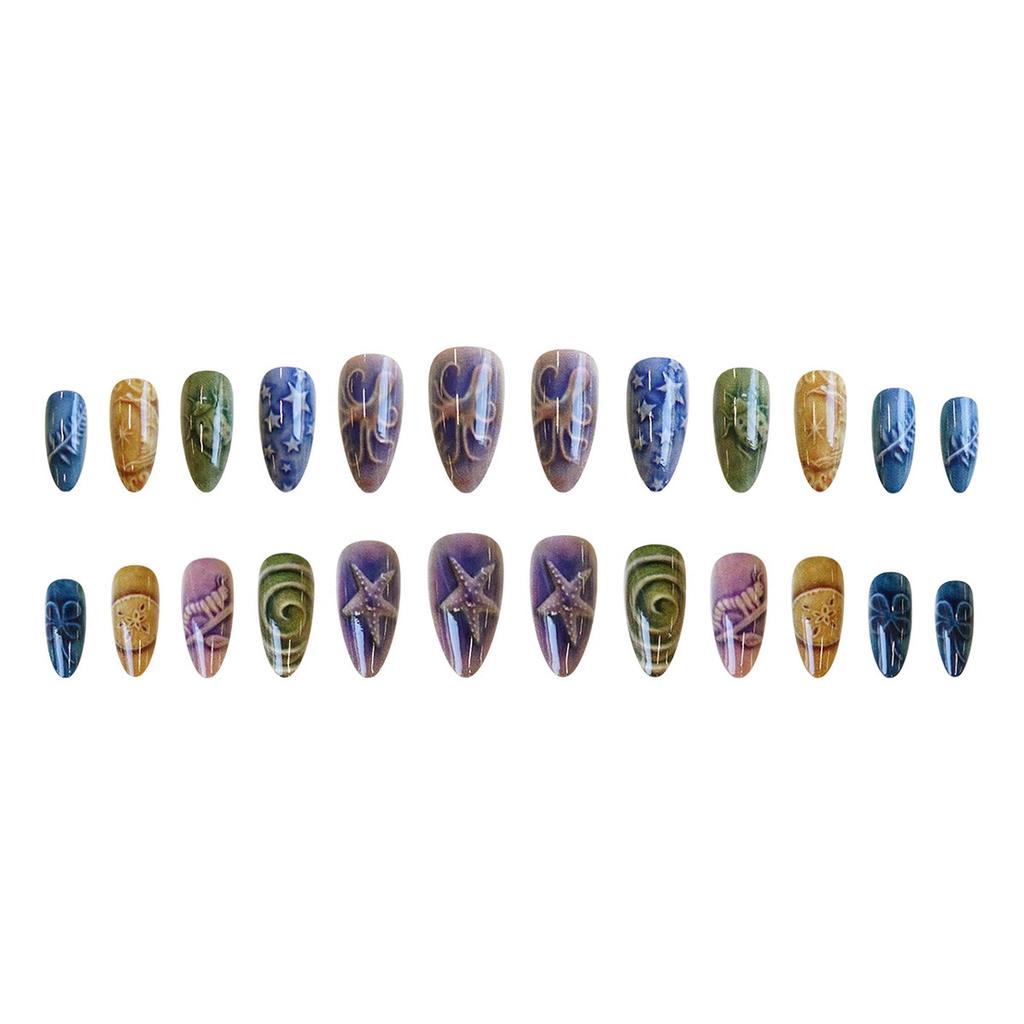 24Pcs Summer Ocean Press On Nails Short Almond Colorful Hand Painted Starfish Flower Design False Nails