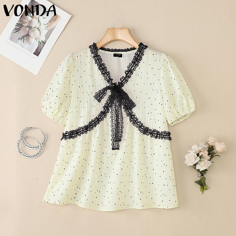 

VONDA Женская блузка с V-образным вырезом, пышными рукавами, кружевной отделкой и принтом в горошек, повседневная 5XL чёрный