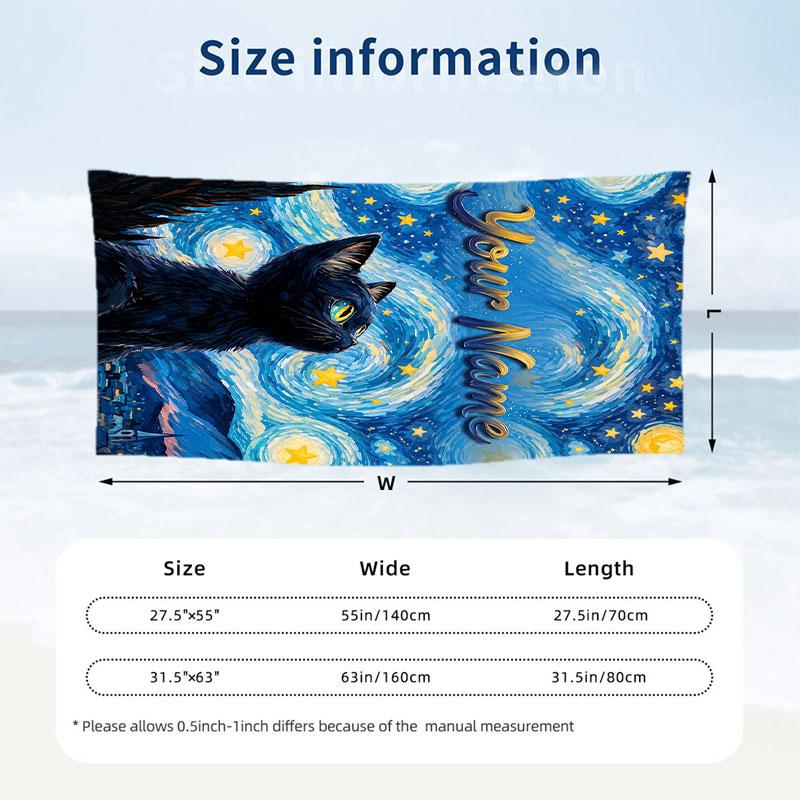 Cat Theme Beach Towel Personalized Custom Name & Text Soft Quick Dry Beach Towel for Swimming Travel