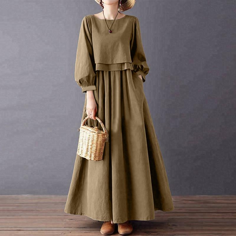 ZANZEA Dámské ležérní šaty s kulatým výstřihem, volné, jednobarevné, s dlouhým rukávem, dlouhé