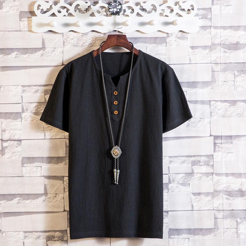 Men's Large-Size Chinese Style Casual T-Shirt - Solid Color  Imitation Cotton and Linen Short-Sleeved