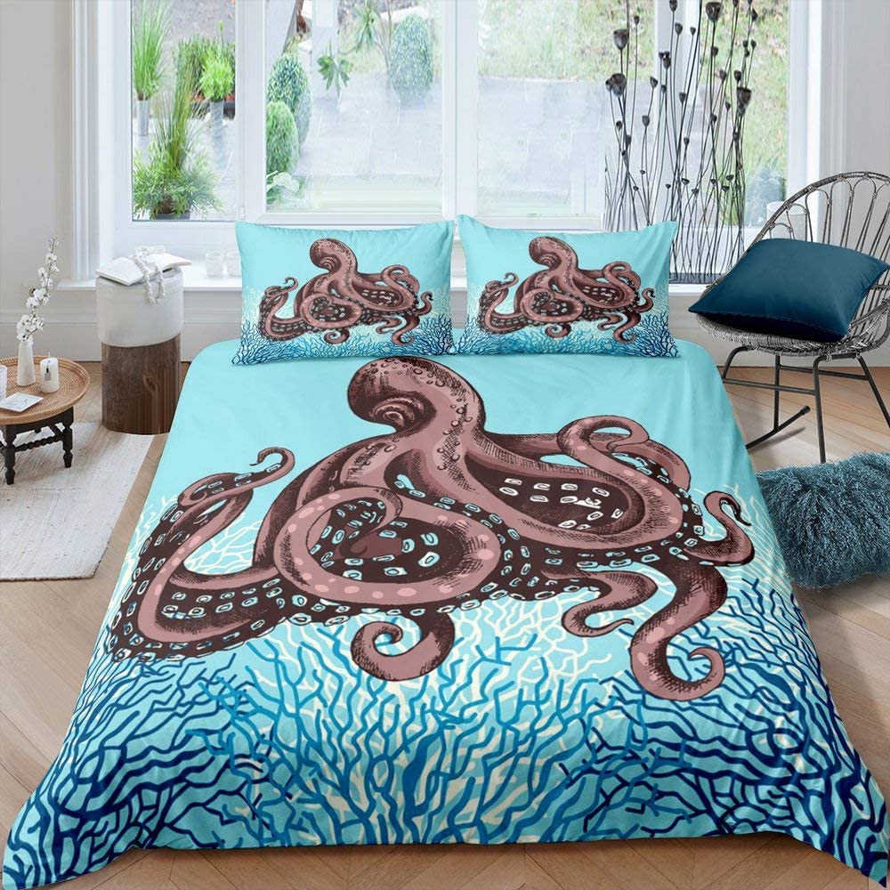 Oktopus Bettbezug-Set, Cartoon Oktopus Tentakel Polyester Bettdeckenbezug Einzelgröße, Meer Marine Bettwäsche-Set für Kind Jungen Mädchen