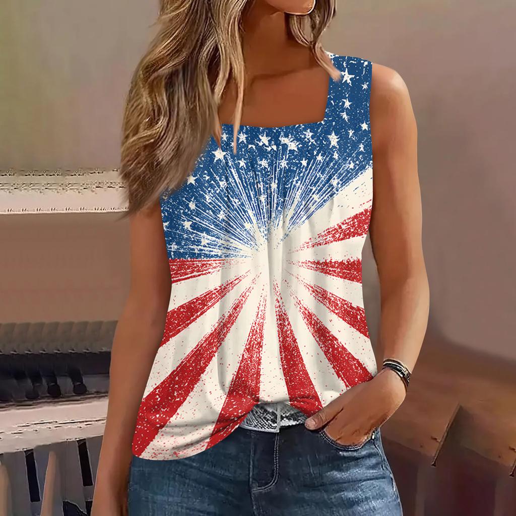 Square Collar Tank Top Women Print Tank Tee Casual Loose Fit Sleeveless Shirt