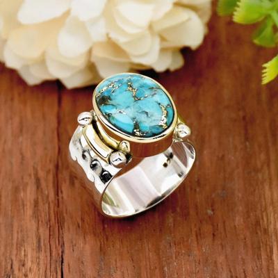 Ethnischer eingelegter Imitations-Türkis-Damenring Vintage Zweifarbig Geometrisch Tägliches Tragen Party Schmuck Jahrestagsgeschenk