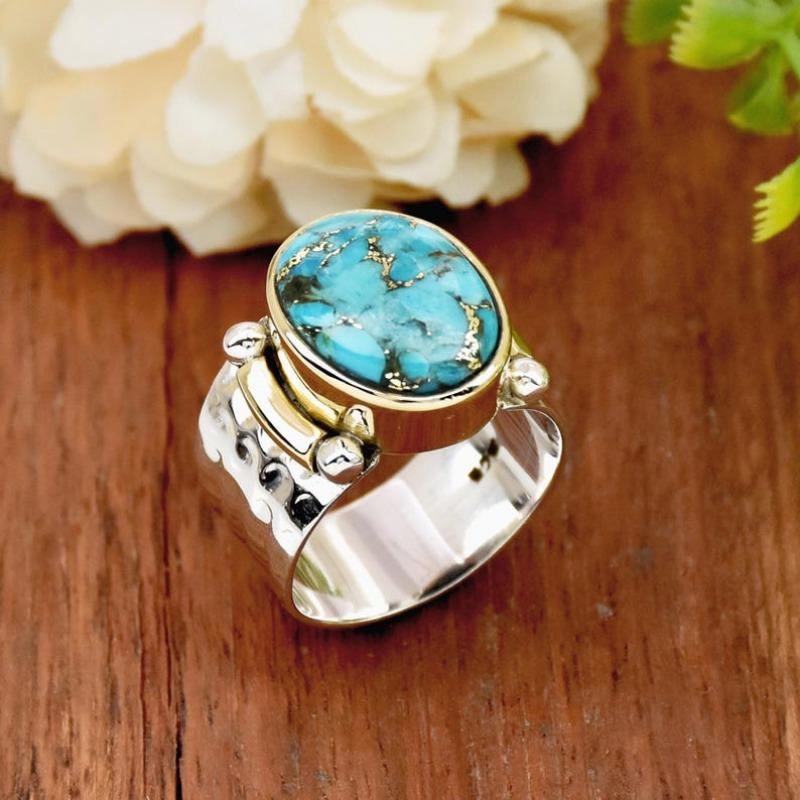 Anello da Donna Etnico Intarsiato Turchese Sintetico Vintage Bicolore Geometria Usura Quotidiana Gioielli da Festa Regalo di Anniversario