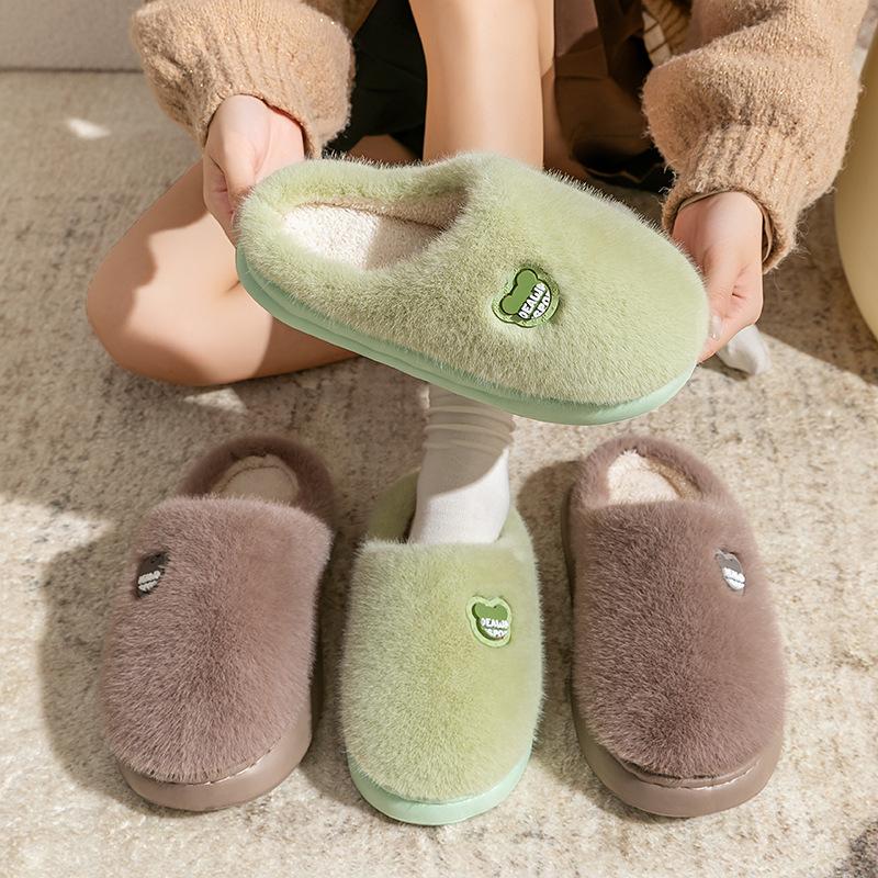 Plush bear label cotton mop autumn and winter leisure indoor home plush thick-soled thermal cotton slippers EVA sole