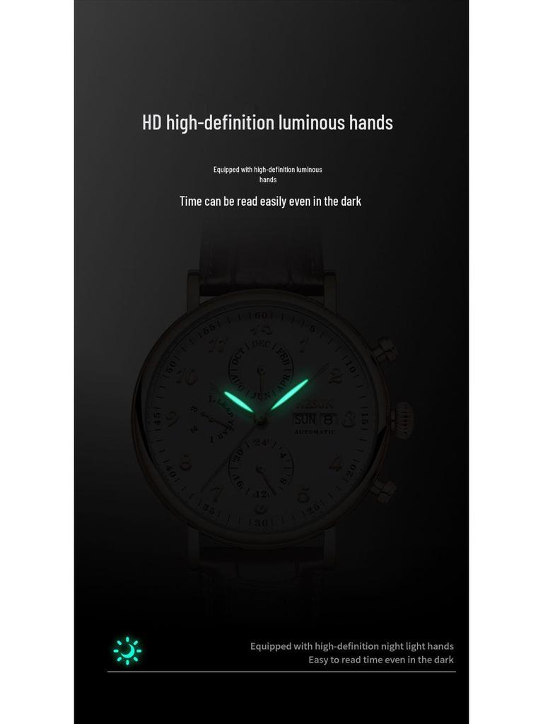 NESUN Herren Automatische Mechanische Uhr, Multifunktionale Wasserdichte Leder-Stahl Armbanduhr 9029