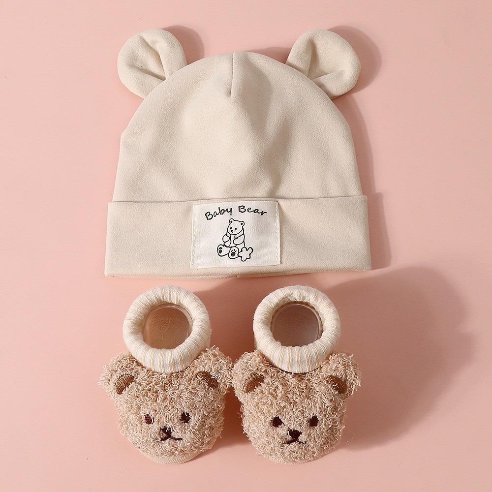 2Pcs/Set Soft Bear Ear Beanie Cotton Baby Turban Socks Cute Baby Hat Socks Set Autumn Winter