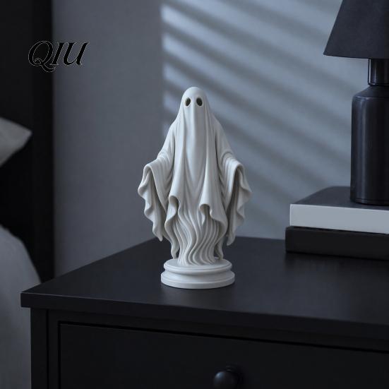 Gothic Style Home Accent Ghost Statue, Resin White Figurine, Spooky Halloween Decoration with Durable Art Flowing Robe And Base for Mantel,