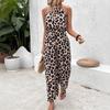 Women's Halter Neck Sleeveless Jumpsuit Loose Fit High Waist Leopard Print Wide Leg Romper Casual Summer Outfit