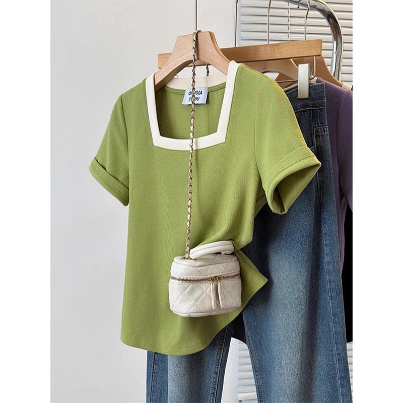 Plus Size Women's Stylish Square Neck Short Sleeve Summer T-shirt - Pure Cotton, Slimming, Up to 200 Jin.