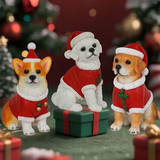 Realistic Dog Figurine Resin Puppy Animal Statue Christmas Decoration Lifelike Labrador Bichon Corgi Model for Indoor Outdoor Home Decor