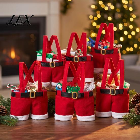 Festive Party Souvenir Bags Christmas Santa Pants Gift Bag, Red Plush Candy Tote with Handles Holiday Window Display Props for Wine Bottle,