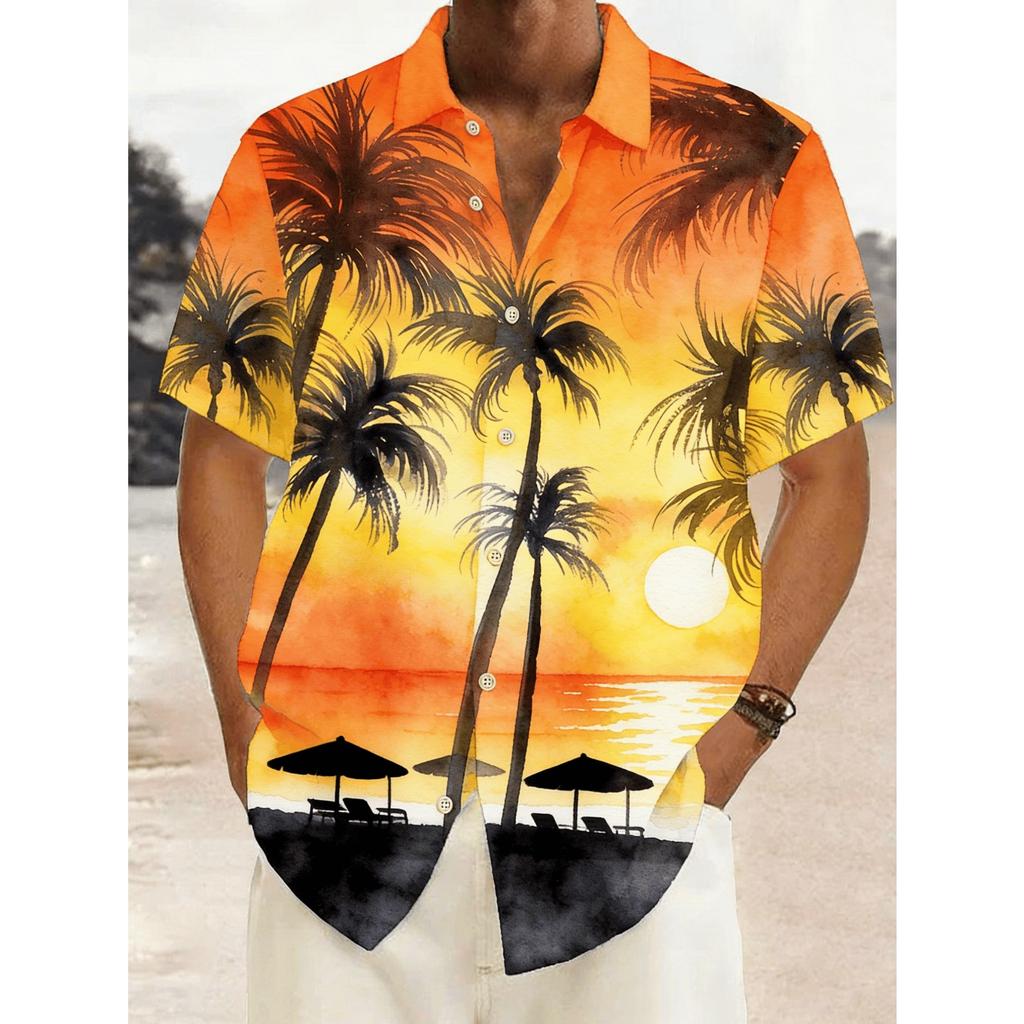 Men's Watercolor Moonlit Coconut Tree Print Short Sleeve Shirt, Spring Summer Dreamy Vacation Casual Top, Pocket Lapel Style