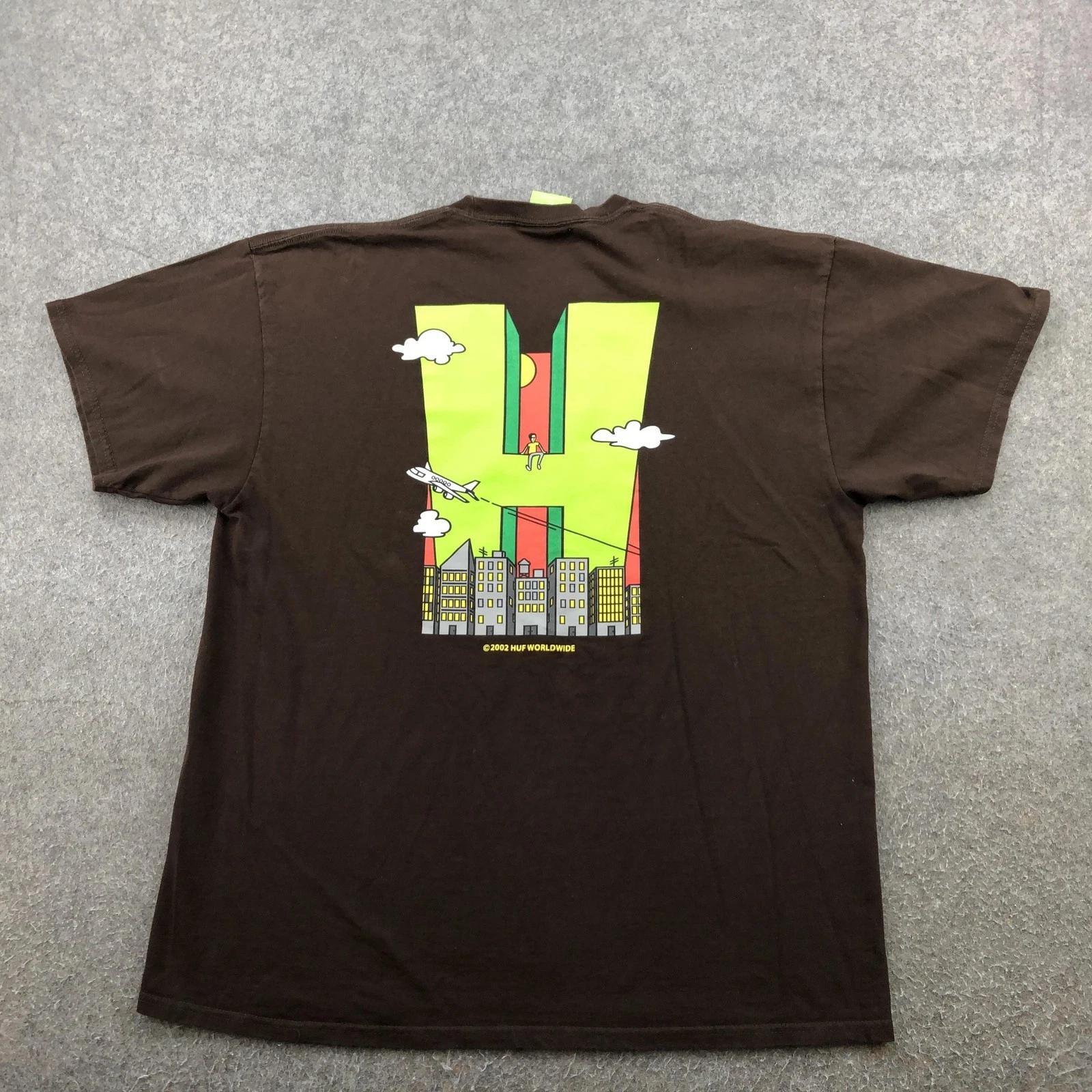 

Vintage HUF Shirt Mens XL Brown City Skyline Airplane Skate Urban Streetwear L