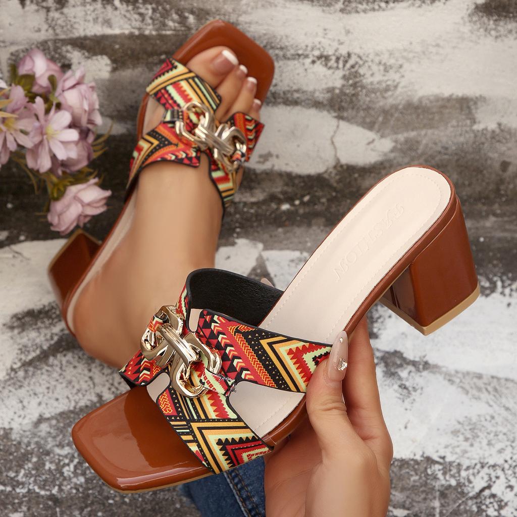 Damen Sandalen Bohemian Ethno High Heels Sandalen Offene Zehenpartie Genäht Print Designer Schuhe Sommer Damen Schuhe Zapatos De Muje