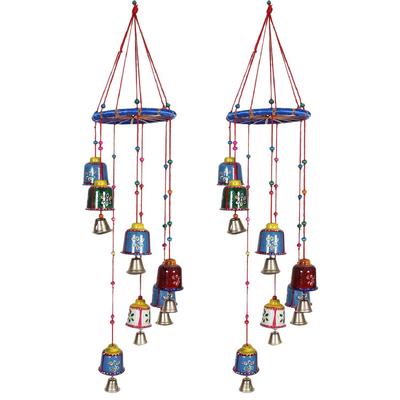 Handcrafted Wall Hanging Bells with Ring|Traditional Rajasthani Hand Painted Bells for Home Decoration,Pack of 2 (Multicolor), Plastic