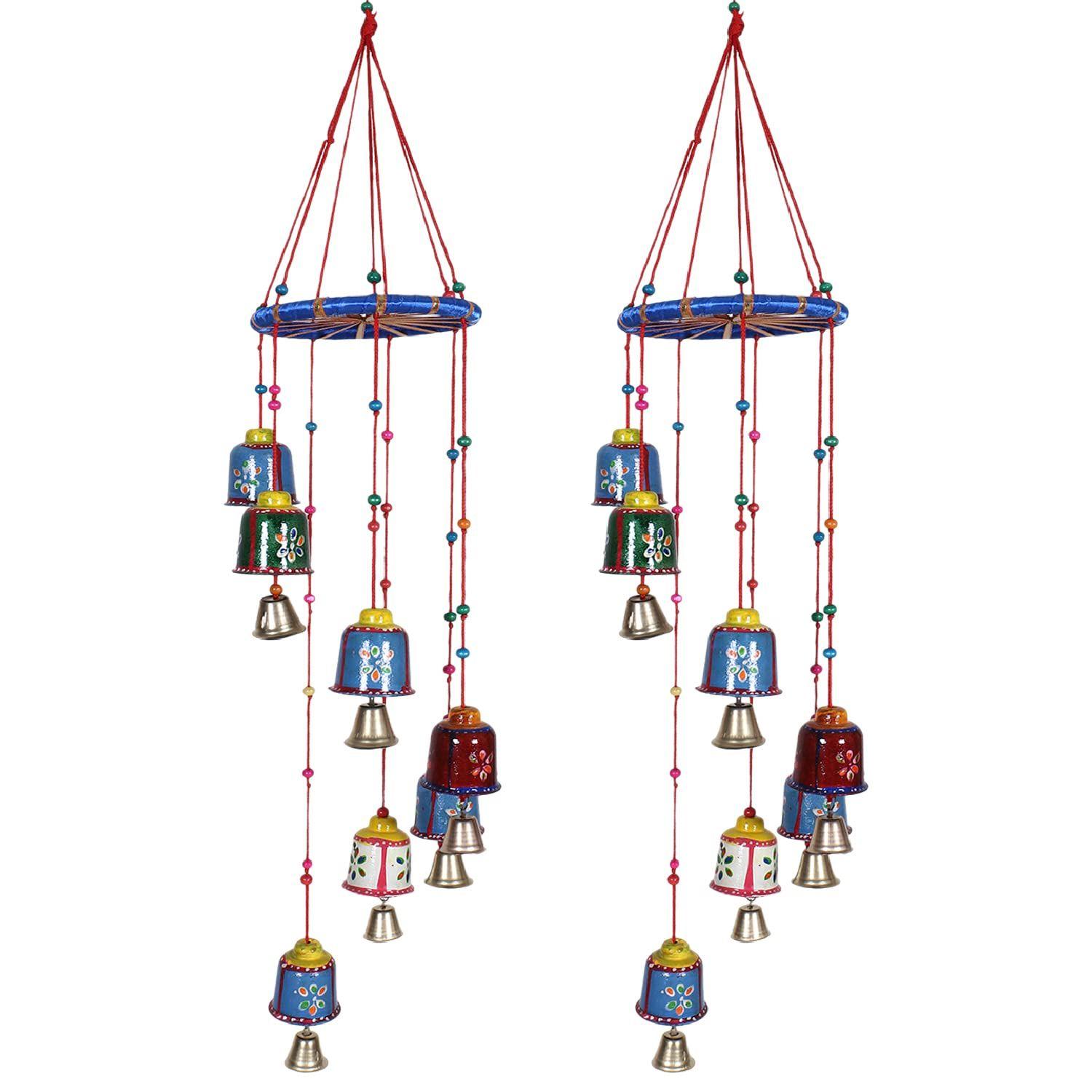 

Колокольчики ручной работы для подвешивания на стену с кольцом|Традиционные расписанные вручную колокольчики в стиле Раджастхани для украшения дома, 2 шт. (многокрасочный), пластик