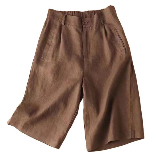 High Waist Elastic Waistband Women Shorts Button Fly Pockets Knee Length Straight Wide Leg Suit Short Pants Workwear